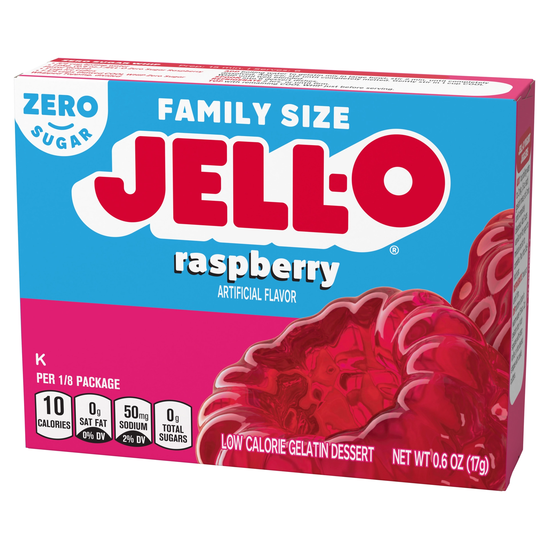 Jell-O Raspberry Zero Sugar flavored gelatin dessert in a clear bowl, showcasing vibrant red color and smooth texture.