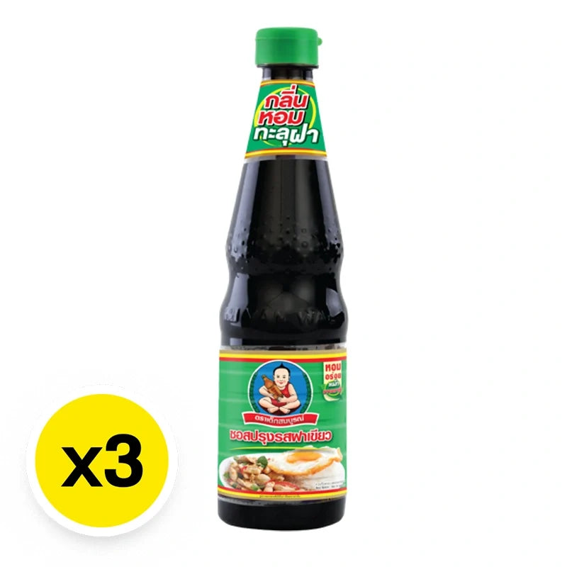 DEK SOM Boon Seasoning in 600ml bottles, three-pack, natural dry grocery product with rich, aromatic flavor in clear bottles.