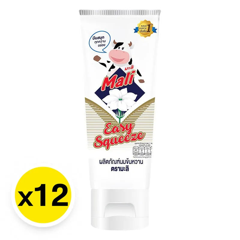 MALI sweetened condensed milk in easy squeeze bottle, 170g, shown in a pack of 12 for baking and dessert recipes.