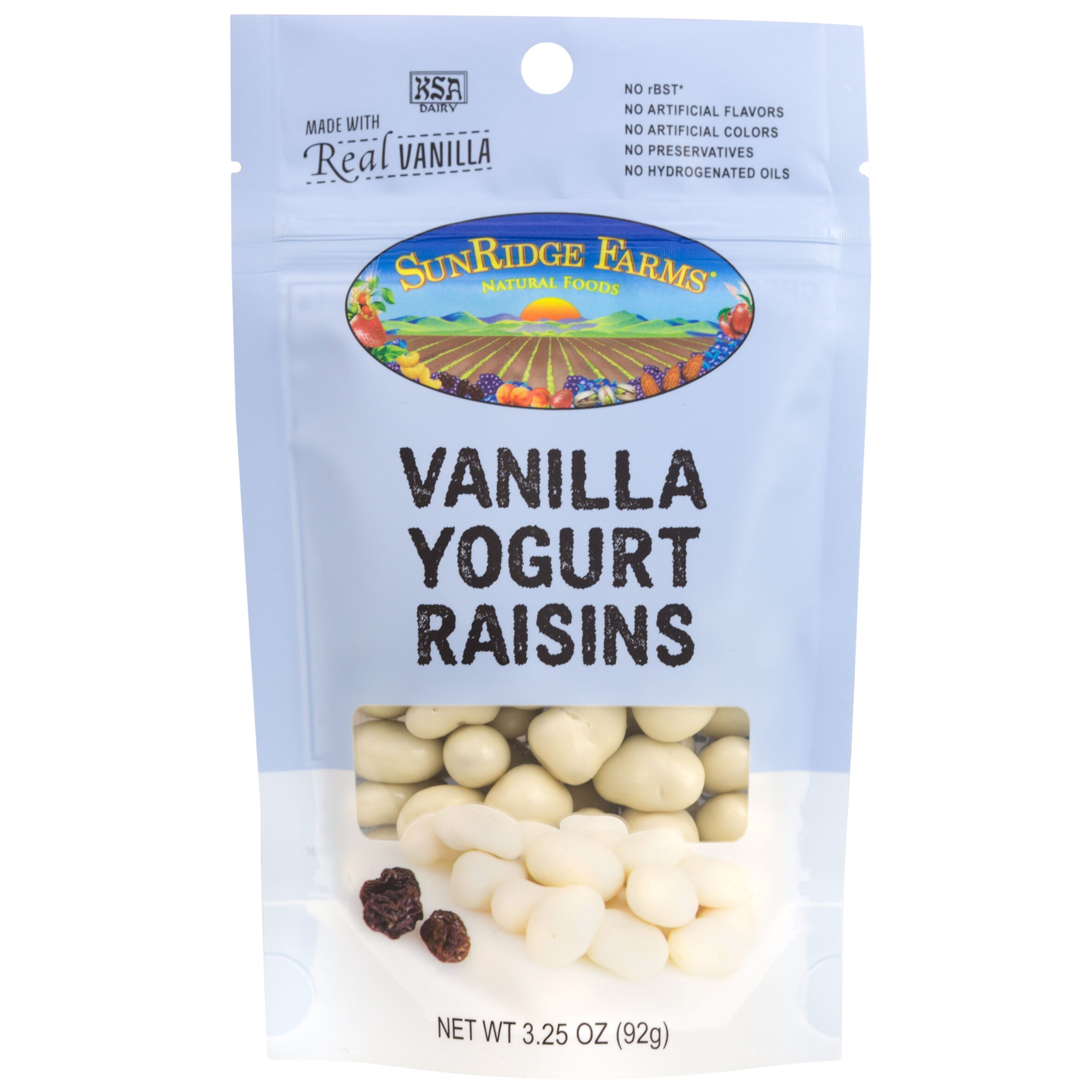 Sunridge Farms Yogurt Raisins in a clear bowl, showing plump raisins coated with creamy yogurt glaze, perfect for snack lovers.