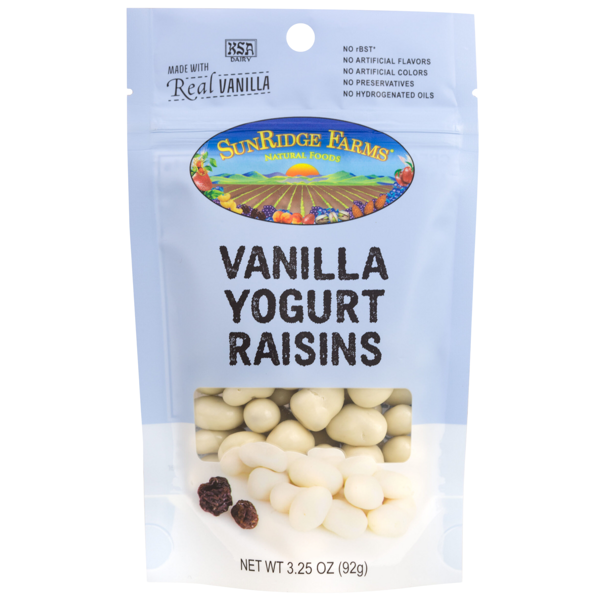 Sunridge Farms Yogurt Raisins in a clear bowl, showing plump raisins coated with creamy yogurt glaze, perfect for snack lovers.