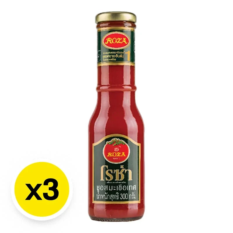 Roza Tomato Ketchup 300g packets, dry grocery product, with vibrant red ketchup visible in the image