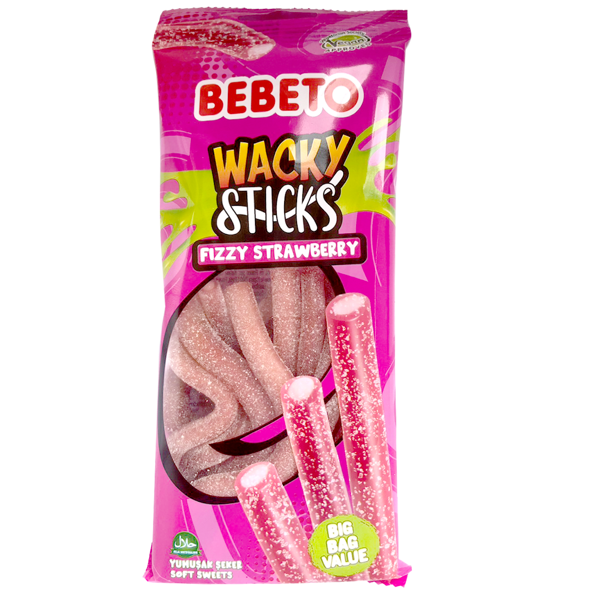Bebeto Fizzy Strawberry Wacky Stick showing bright pink strawberry-flavored confectionery snack with fizzy texture and colorful packaging