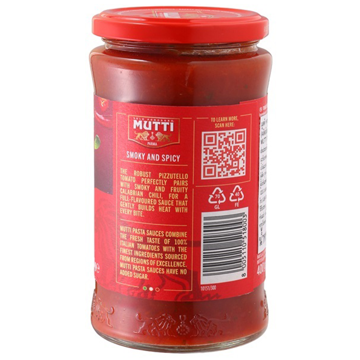 Jar of Mutti Arrabbiata Pasta Sauce with a vibrant tomato and chili pepper label, ready for pasta dishes.