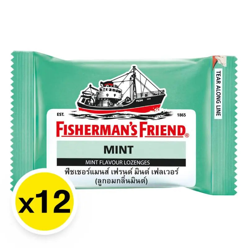 Fisherman's Friend Mint Lozenges in a box, 12-count pack, displayed as dry grocery snacks and confectionery.