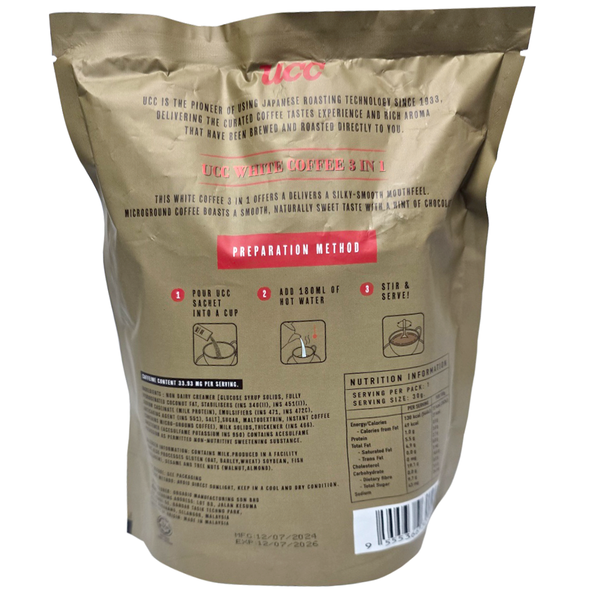 Ucc White Coffee 3-in-1 instant drink with creamy smooth texture, featuring a cup of prepared white coffee with milk and sugar.