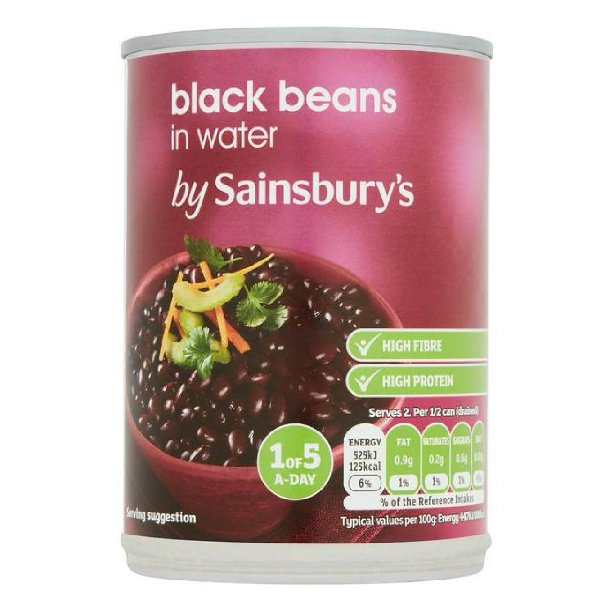Sainsbury's black beans in water, canned grocery product with black beans visible inside the label and can.
