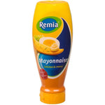 Remia Mayonnaise 500ml bottle, creamy classic condiment for sandwiches and salads, in a clear plastic bottle with a white cap.
