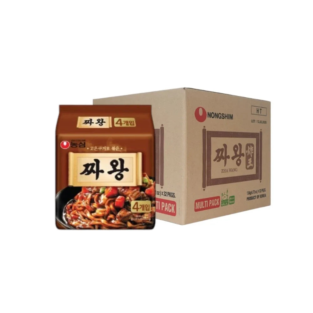 Nongshim ZHA Wang dry grocery product with packaged noodles in a clear plastic bag, featuring branding and nutritional info.