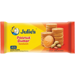 Julie���s Peanut Butter Sandwich Biscuits, layered confectionery snacks with peanut butter filling between crispy biscuits.