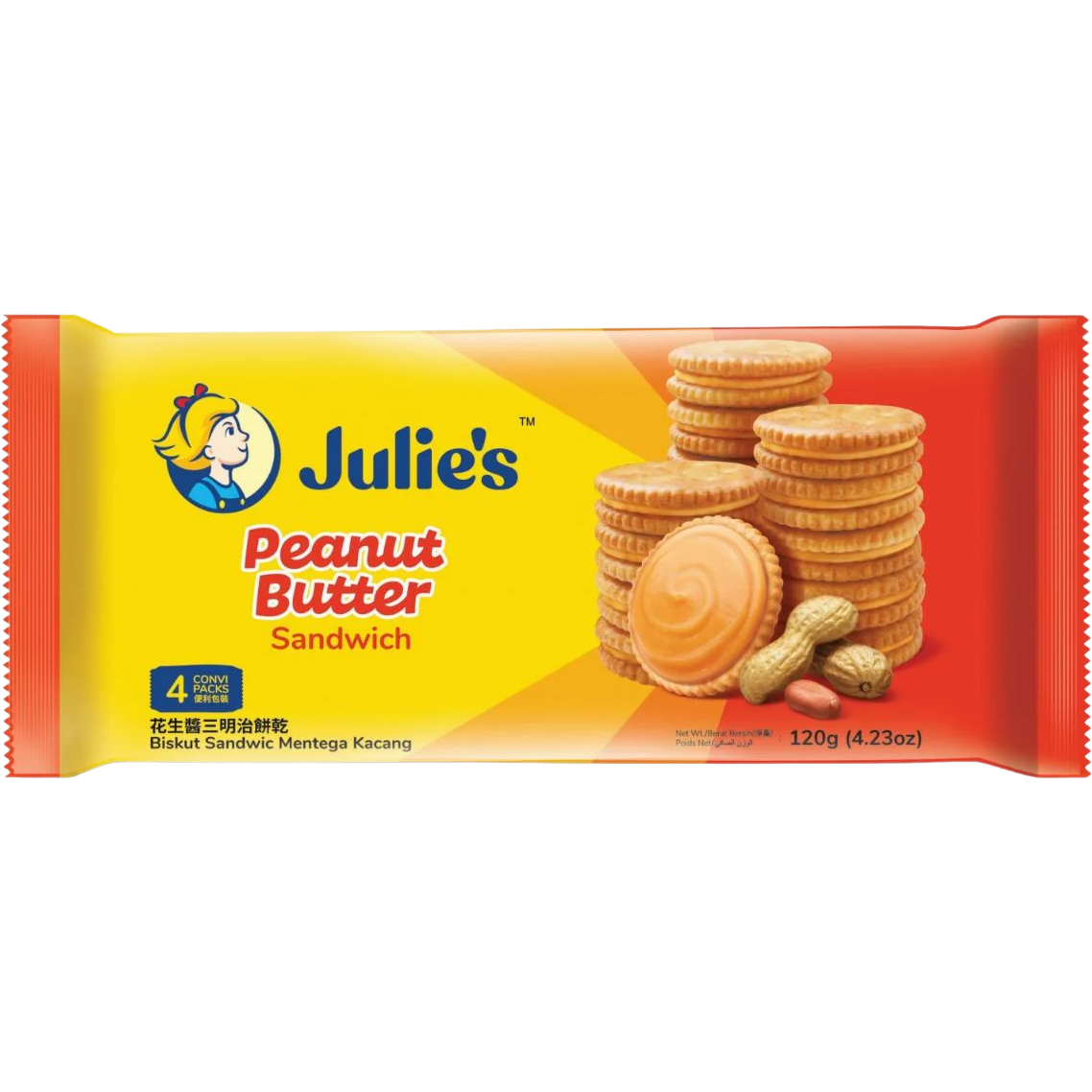 Julie���s Peanut Butter Sandwich Biscuits, layered confectionery snacks with peanut butter filling between crispy biscuits.