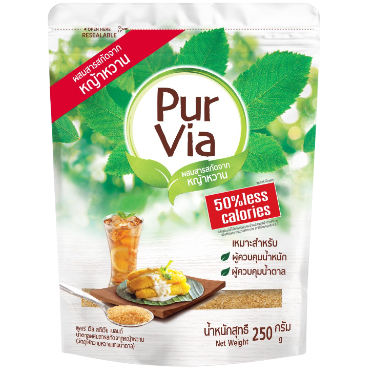 Bag of Pur Via Sugar Stevia Blend, a natural sweetener in a grocery product, with a clear label and packaging visible.