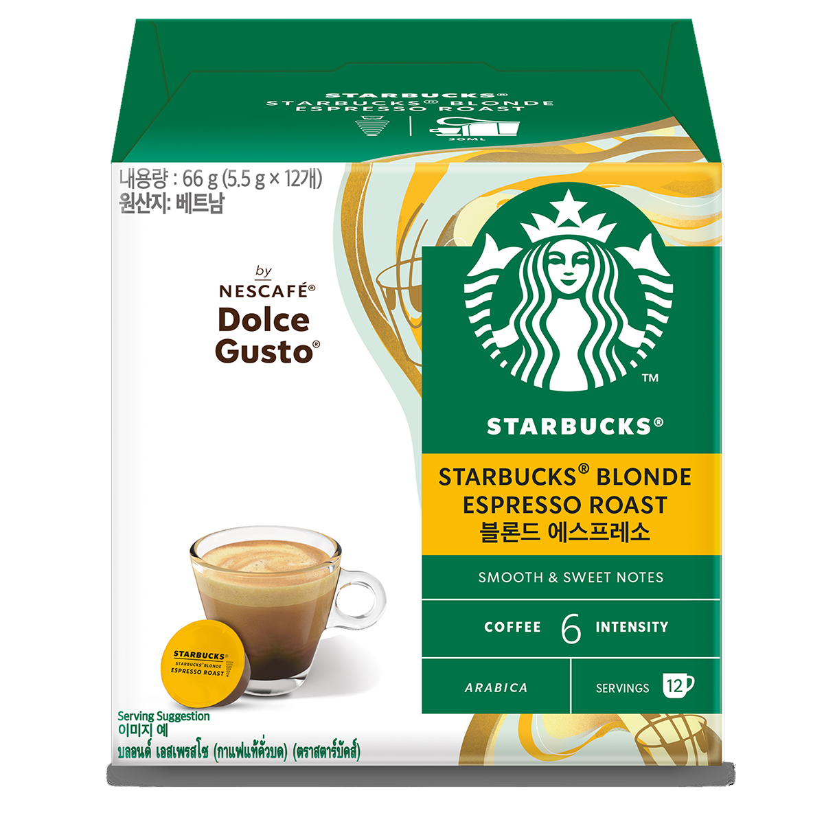 Starbucks Dolce Gusto Espresso Blonde Roast drink in a clear glass, showcasing its smooth, light espresso with a creamy appearance.