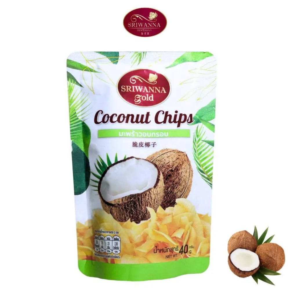 Sriwanna Gold Coconut Chips 40g, crispy dried coconut slices in a 40g package, from SRIWANNA dry grocery product.