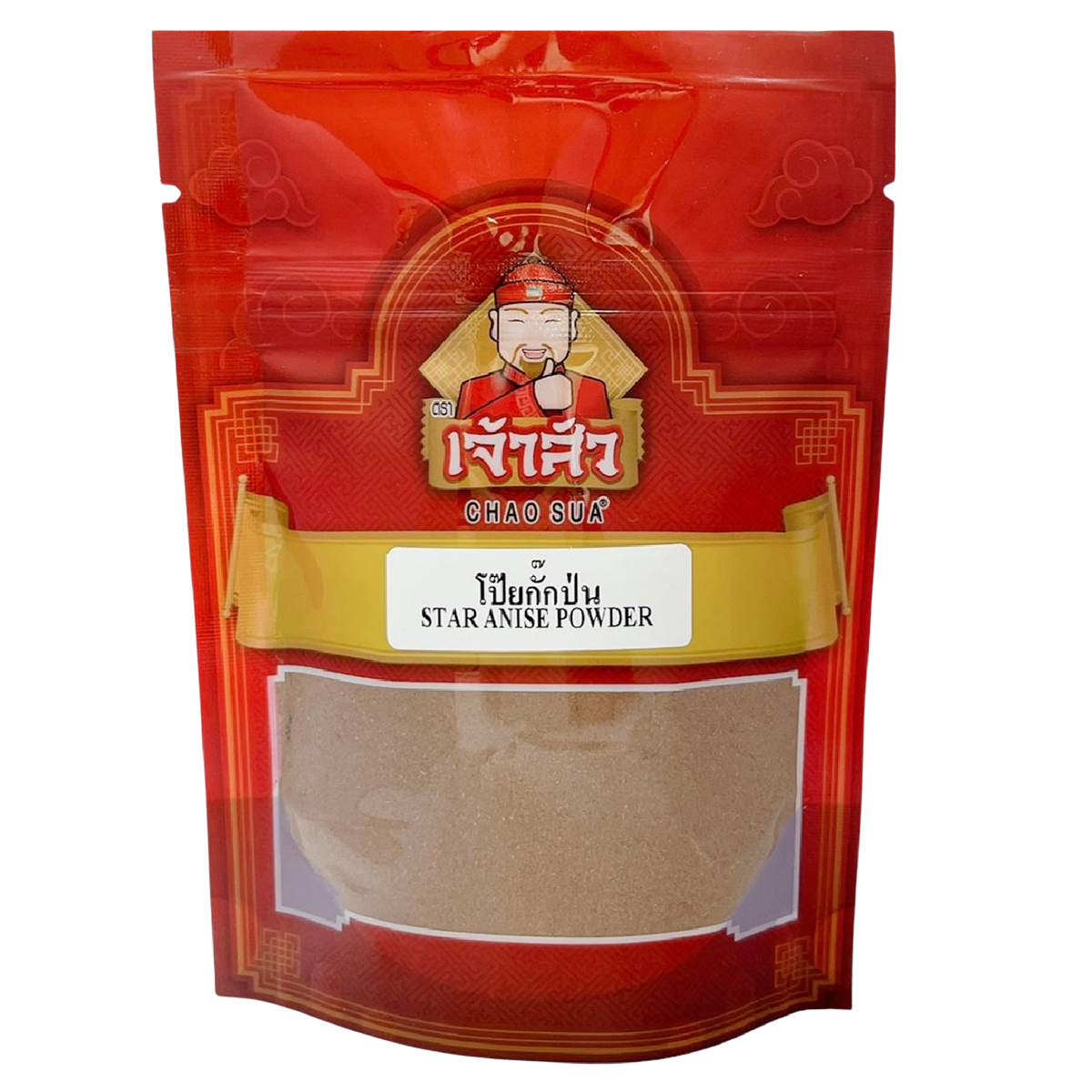 Chao Sua Star Anise Powder in a clear jar, showcasing the star-shaped spice, used in cooking and baking.