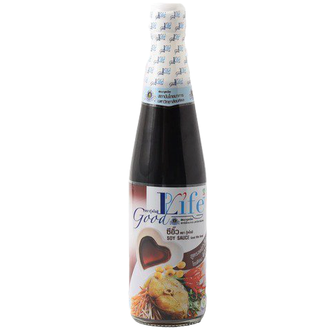 Bottle of Good Life soy sauce for cooking and seasoning, with label showing the Good Life brand and dark soy color.