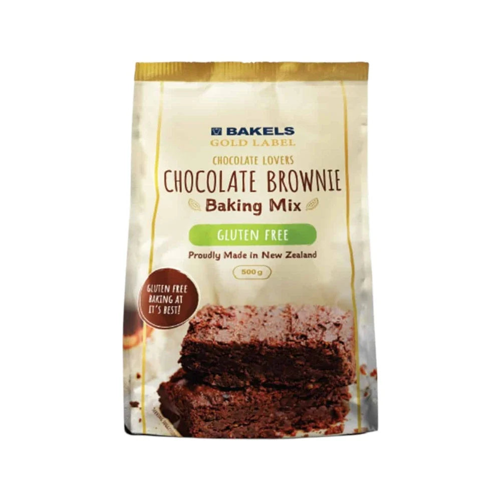 Bakels Gold Label NZ Ac Chocolate Brownie Mix 500g dry grocery, ready-to-make brownie mix in a sealed bag.