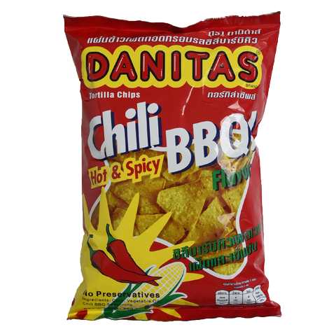 Danitas Chile B.B.Q Flavored Torilias snack in colorful packaging, showing the spicy, savory confectionery snack from the Danitas brand.