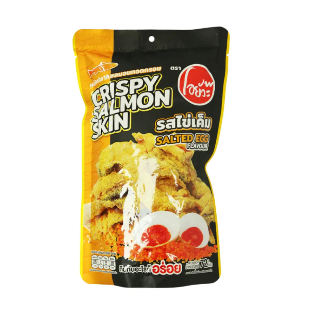 O-yua Crispy Salmon Skin Snacks with Salted Egg Flavor, 72g, showing crispy salmon skin pieces in a bright package.