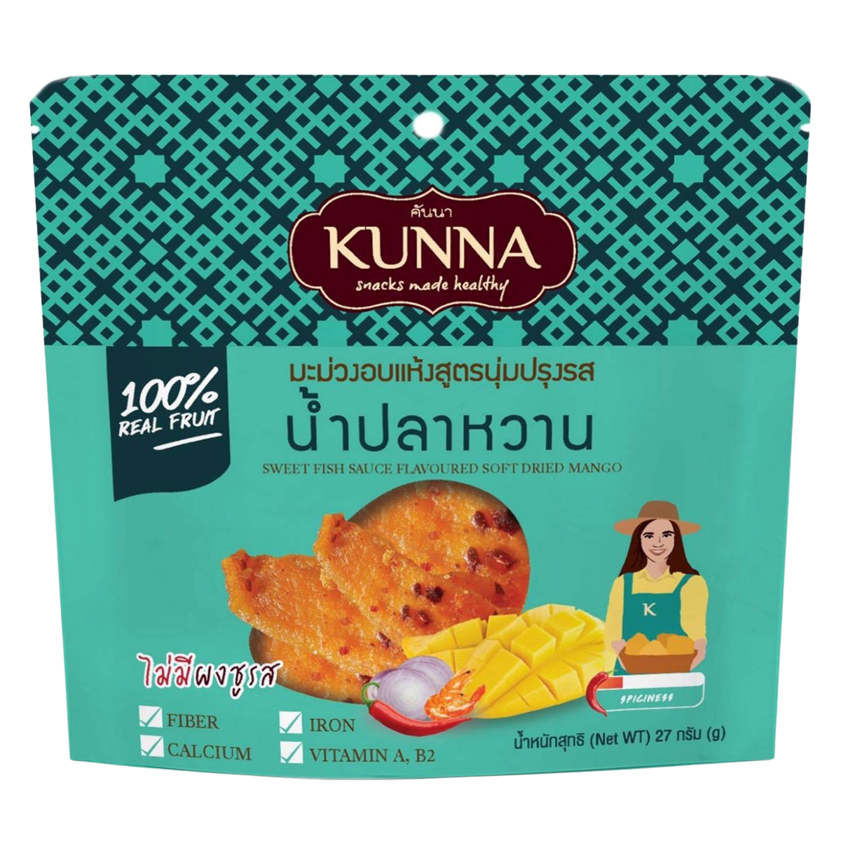 Kunna Golden Soft-Dried Mango confectionery snack with sweet fish sauce, featuring golden dried mango pieces and glossy sauce coating.
