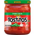 Tostitos Chunky Salsa Medium Red jar, grocery product with vibrant red salsa visible inside the clear container