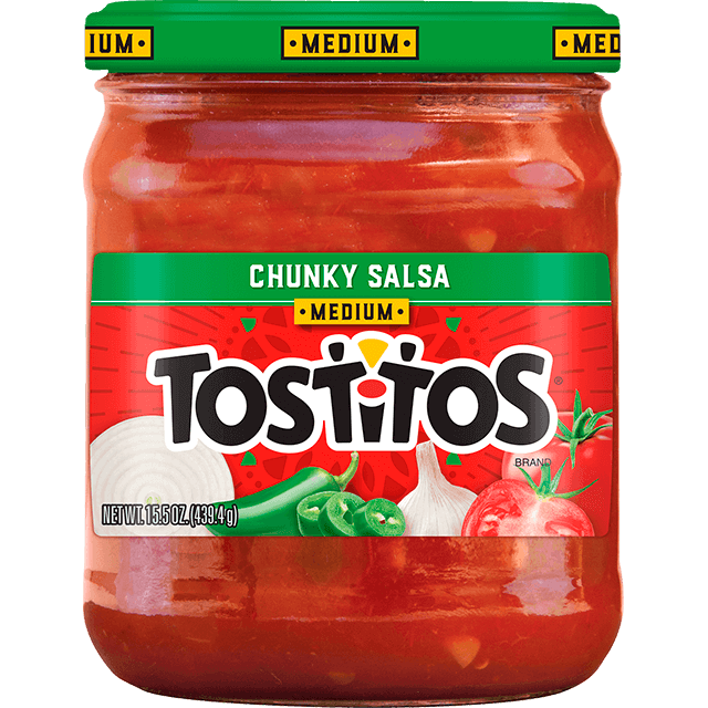 Tostitos Chunky Salsa Medium Red jar, grocery product with vibrant red salsa visible inside the clear container