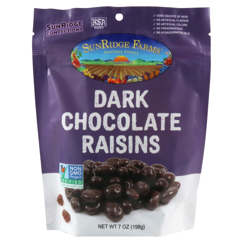 Sunridge Farms dark chocolate raisins in a bowl, showcasing shiny, dark chocolate-covered dried grapes as confectionery snacks.