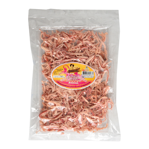 Khunmaeju shredded squid snack in clear packaging, showing dried, shredded squid pieces perfect for savory confectionery.