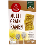Happy Noodles Multi Grains Ramen package showing colorful noodle bowl with greens and vegetables, emphasizing healthy grocery options.