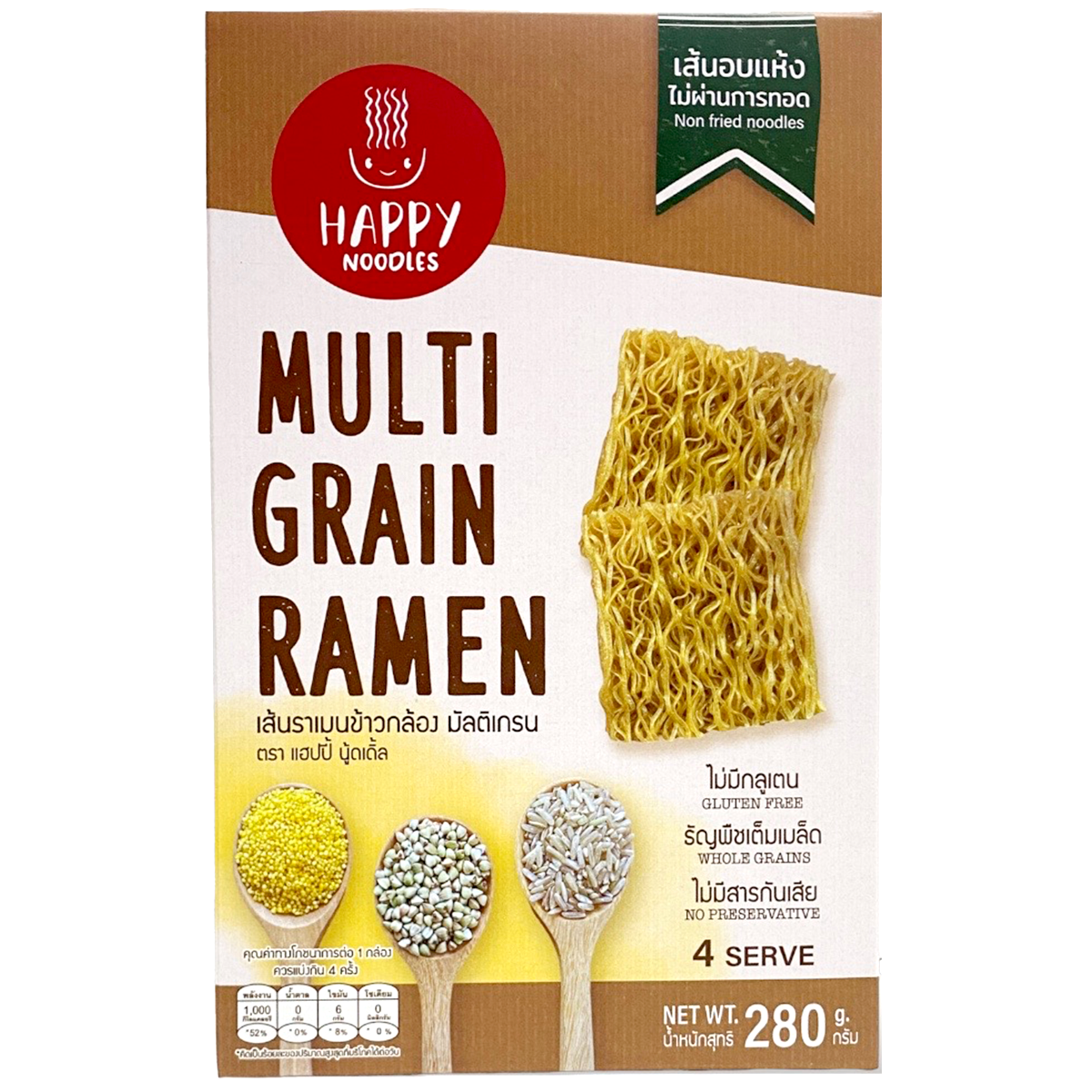 Happy Noodles Multi Grains Ramen package showing colorful noodle bowl with greens and vegetables, emphasizing healthy grocery options.
