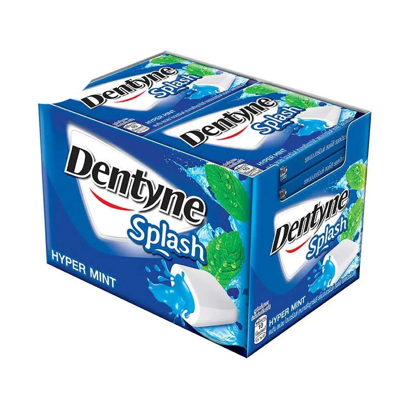 Dentyne Splash Hypermint chewing gum pack with 16 pieces, featuring vibrant packaging and mint flavor for fresh breath