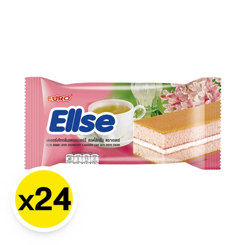 Ellse Strawberry Layer Cake snack in a 15g package, dry grocery confectionery with a layered cake appearance and strawberry flavor.