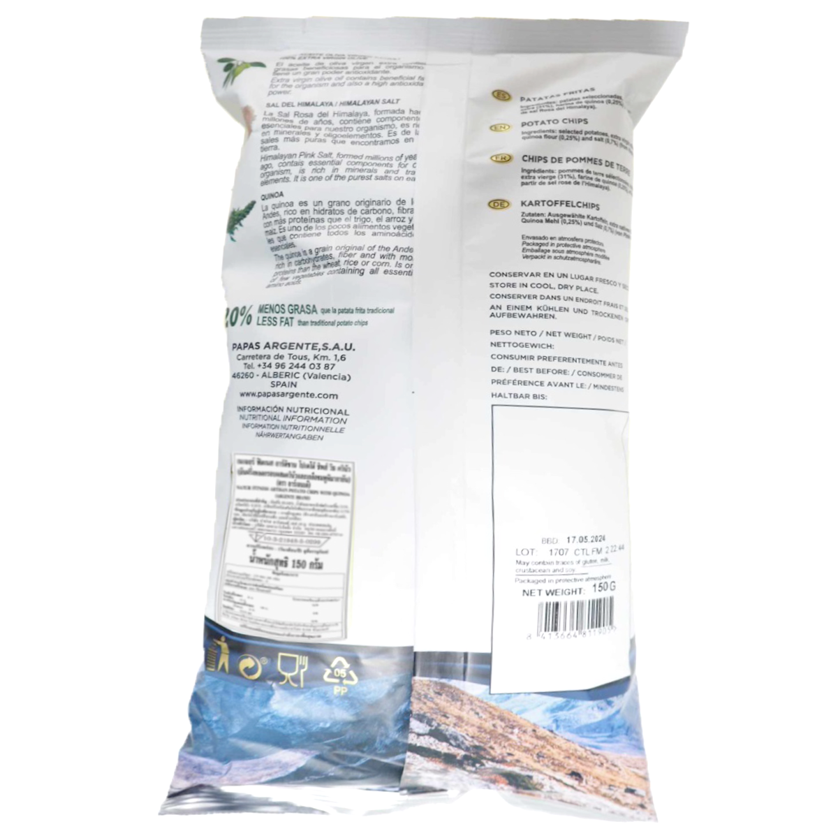 Argente Potato Chip Quinoa, a confectionery snack featuring crispy potato chips with quinoa, displayed in a close-up image.