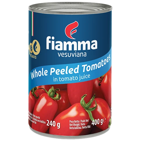 Fiamma Vesuviana whole peeled tomatoes in tomato juice, canned grocery product with bright red tomatoes visible inside the can