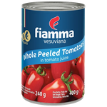 Fiamma Vesuviana whole peeled tomatoes in tomato juice, canned grocery product with bright red tomatoes visible inside the can