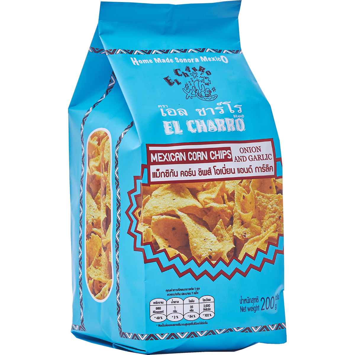 El Charro Mexican Corn Chips Onion & Garlic, savory confectionery snack with crispy corn chips flavored with onion and garlic.