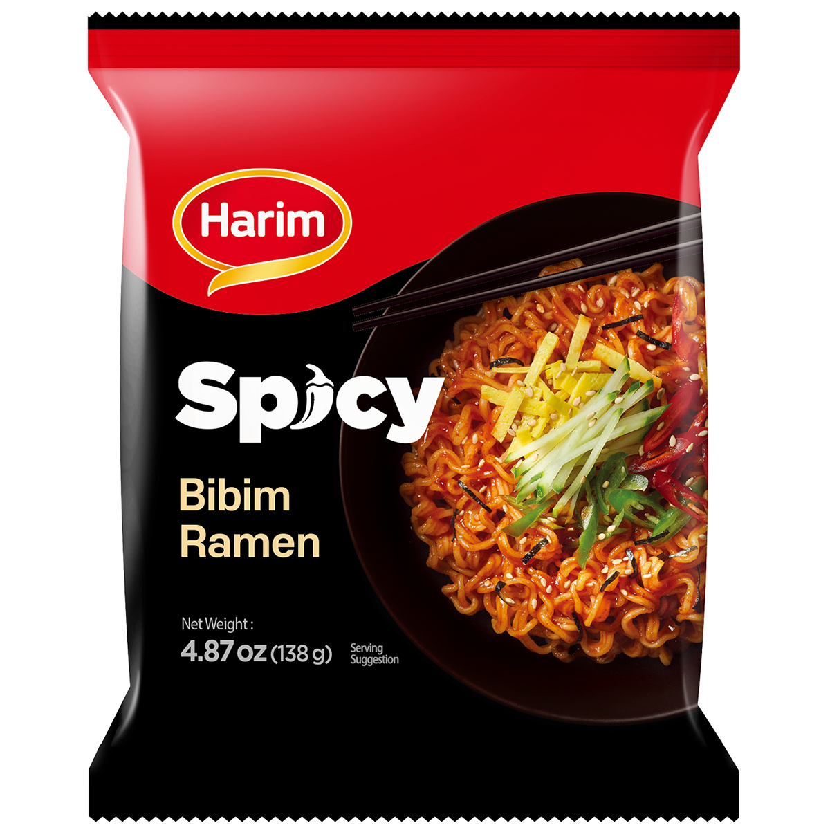 Spicy Bibim Ramen by Harim, packaged grocery item with vibrant label, featuring images of spicy noodles and vegetables.