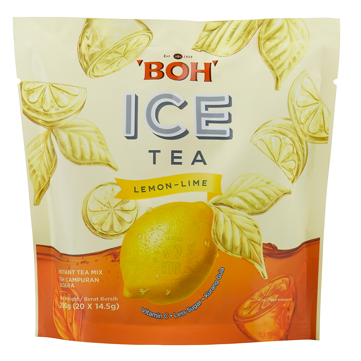 Boh Ice Tea Lemon-Lime drink in a clear glass with ice, showcasing the refreshing lemon-lime flavor and brand logo.