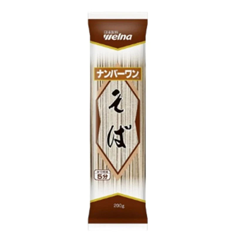 Nisshin Welna soba noodles made from buckwheat and Japanese wheat, 200g package of dry Japanese grocery product.