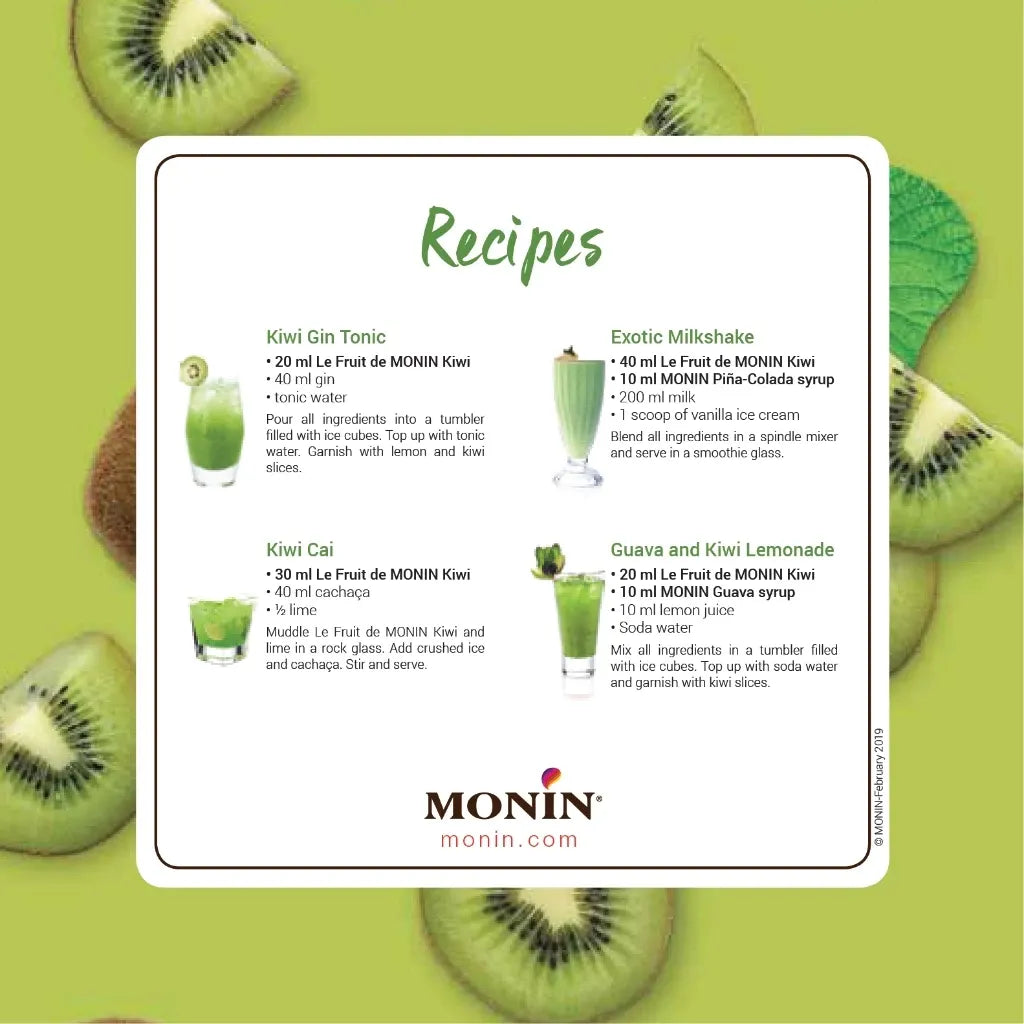 Bottle of MONIN Kiwi Fruit Mix syrup in 1000ml container, used for flavoring drinks and desserts in dry grocery.