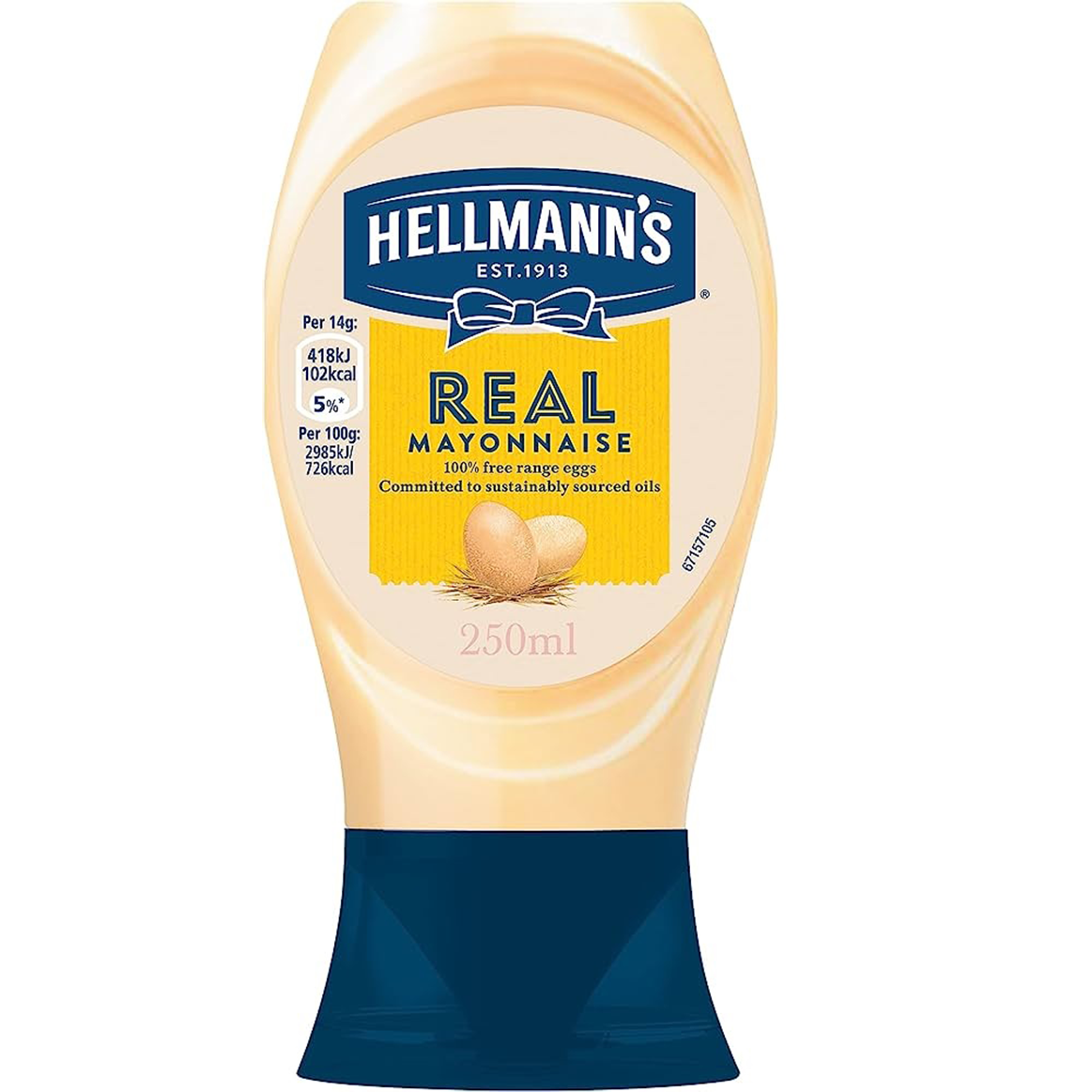 Hellmann's Mayo Real Squeezy bottle with a white squeeze top and label, showing the creamy mayonnaise inside.