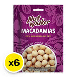 NUT WALKER Dry Roasted Salted Macadamias snack pack, 20g x6, crunchy roasted macadamia nuts in a clear package.