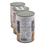 Cans of MICA Whole Champignon Mushrooms in brine, 400g x3, on a pantry shelf in a dry grocery setting