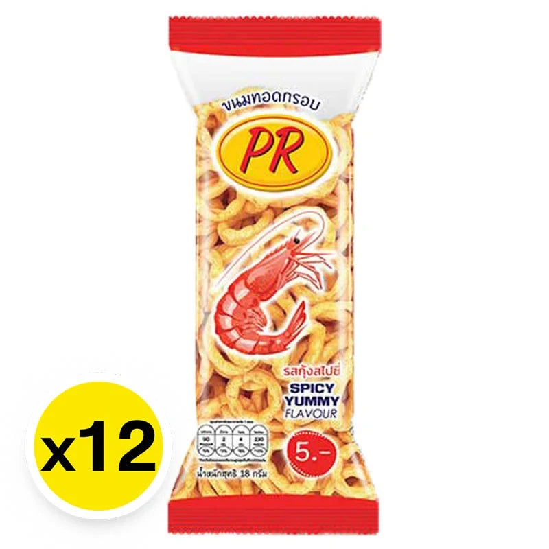 PR Extrude Shrimp Spicy snack, 16g x12 pack, dry grocery seafood-flavored snack with spicy seasoning.