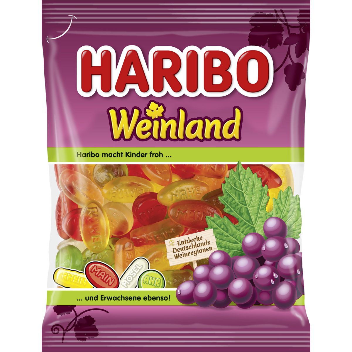 Colorful Haribo Weiland confectionery snacks in bright packaging, showcasing a variety of gummy candies from the popular brand.