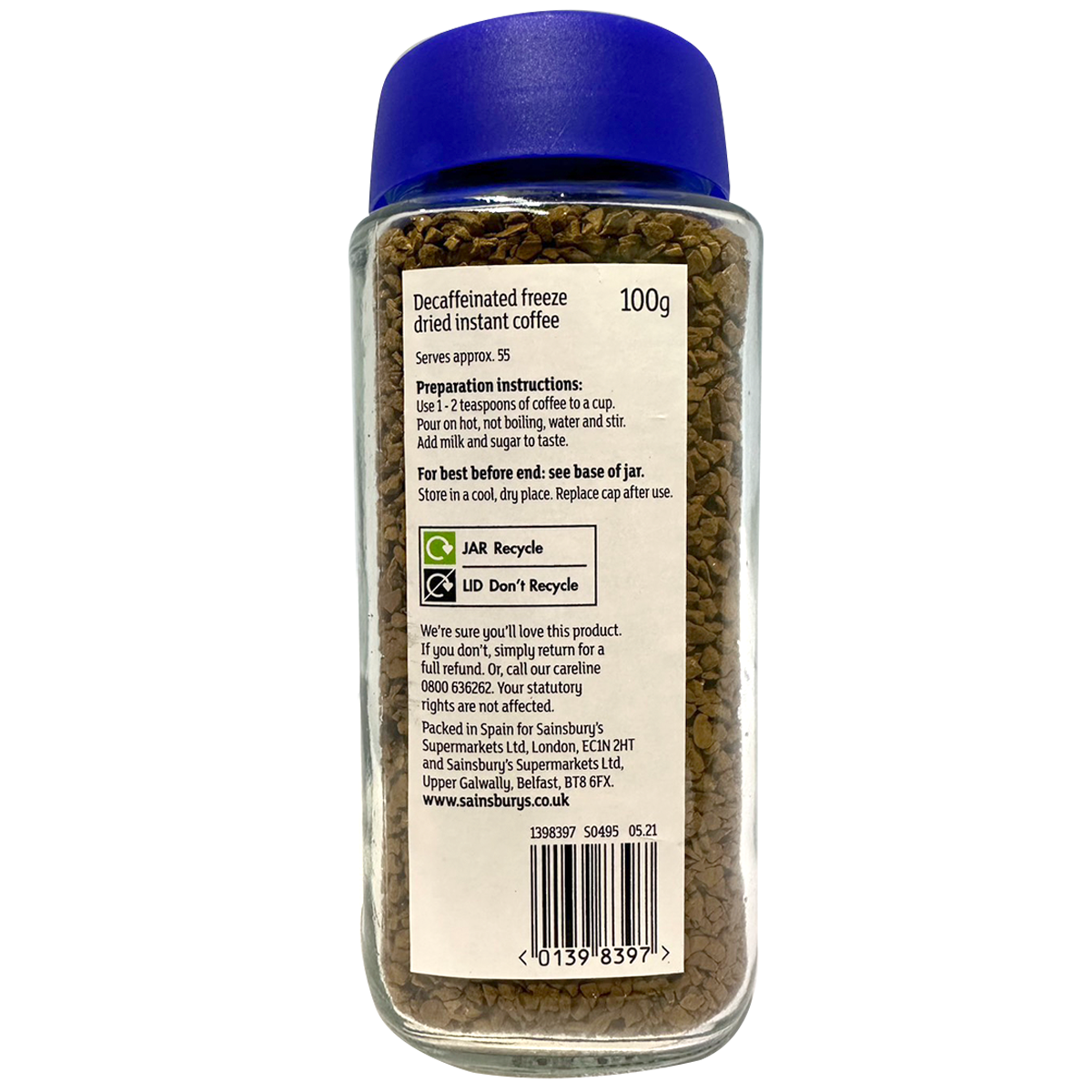 Sainsbury's Gold Roast Decaf Instant Coffee in a jar, showcasing rich coffee beans and packaging.