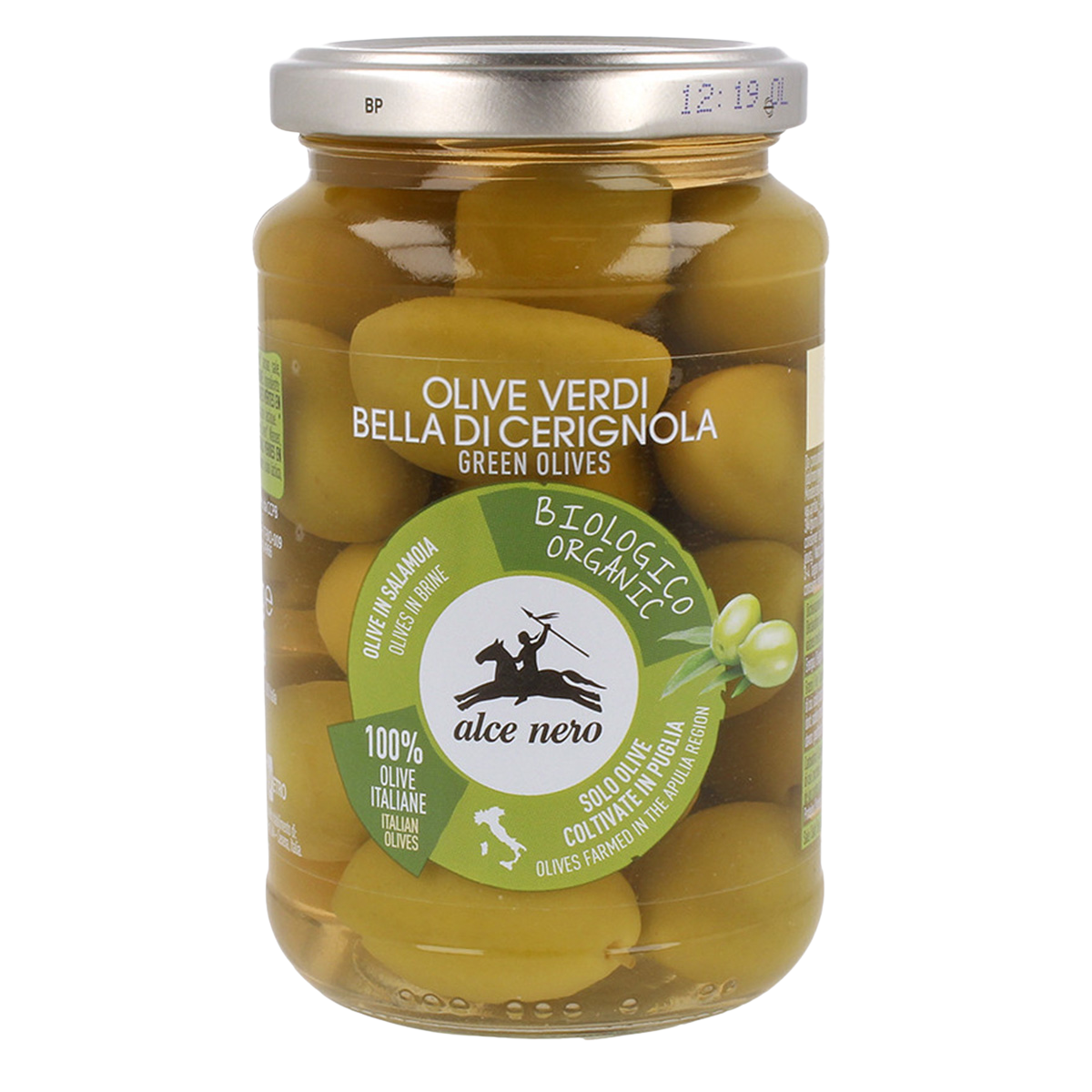 Organic green olives in brine by Alce Nero, shown in a clear glass jar with green olives visible inside.