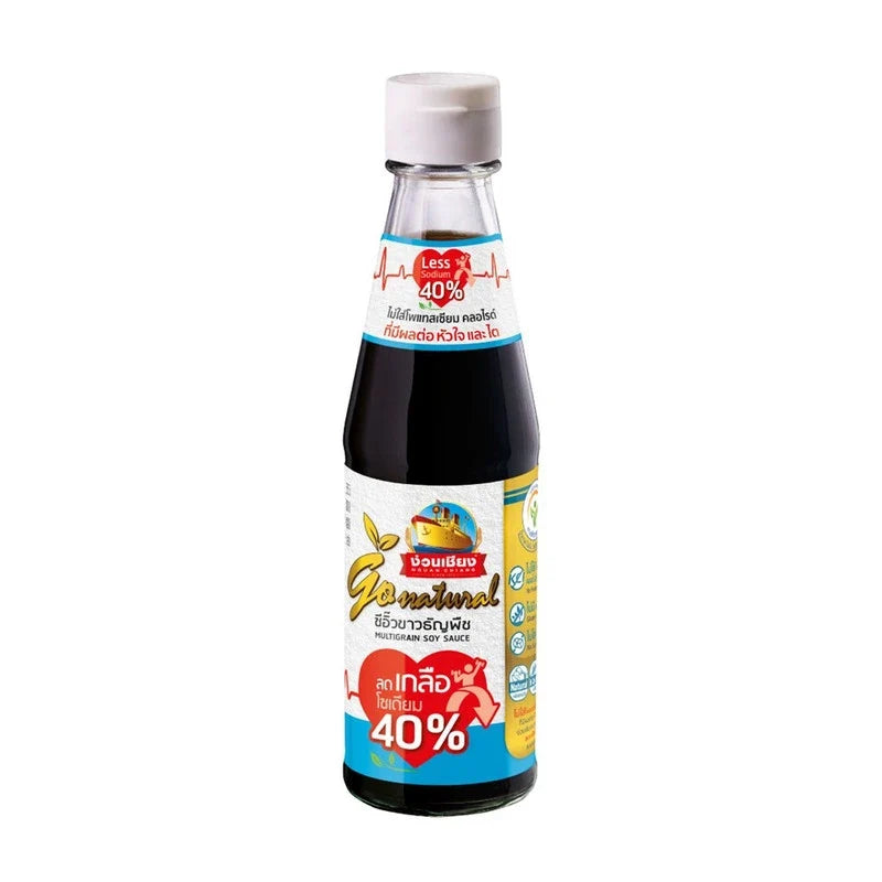 Nguan Chiang Less Sodium Multigrain Soy Sauce 40% in 200ml bottle, natural dark soy sauce for cooking and seasoning.