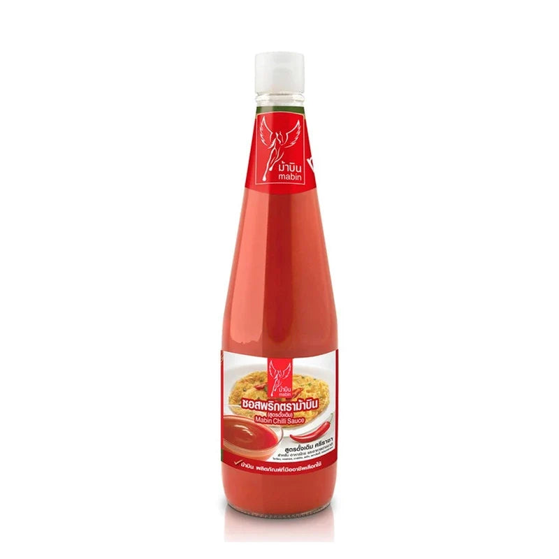 A jar of MABIN Chili Sauce 640g with a red and yellow label, showing the spicy chili sauce inside.