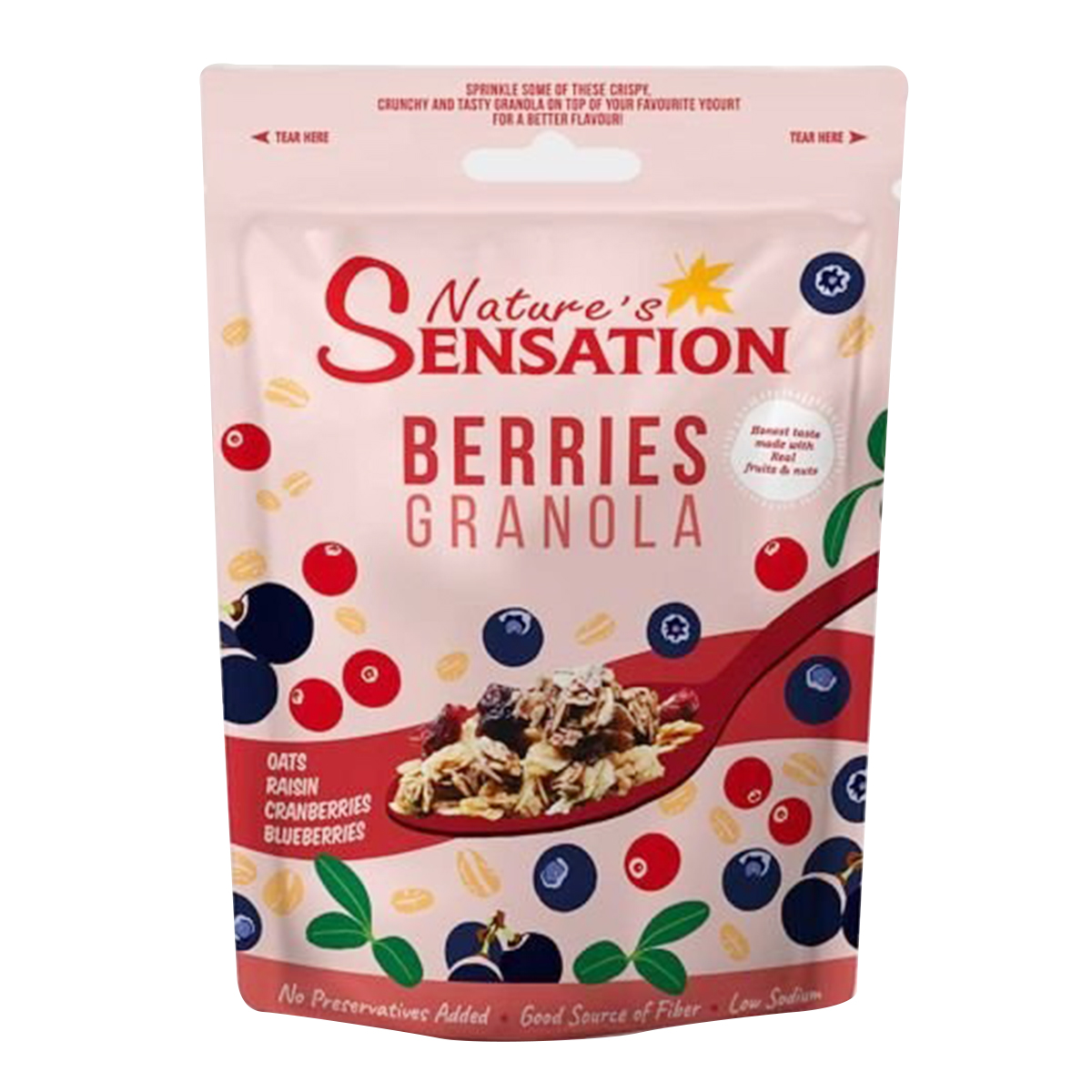 Package of Nature's Sensation Berries Granola in a resealable bag, showing the colorful granola with berries on the front.